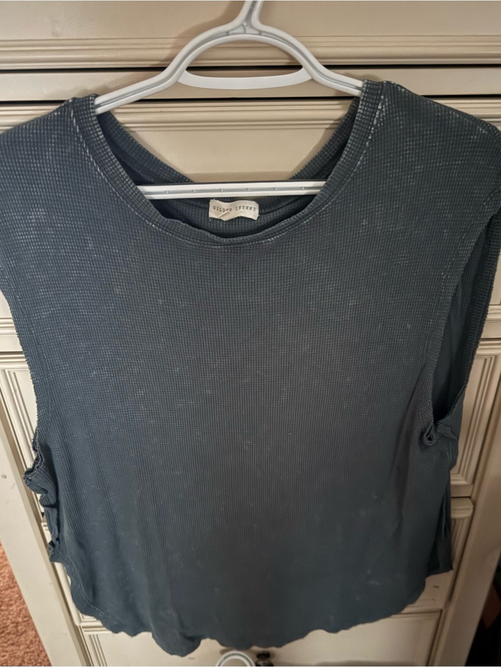 Gilded Intent Buckle Women’s L Washed Charcoal Waffle Knit Muscle Top teal/Blue